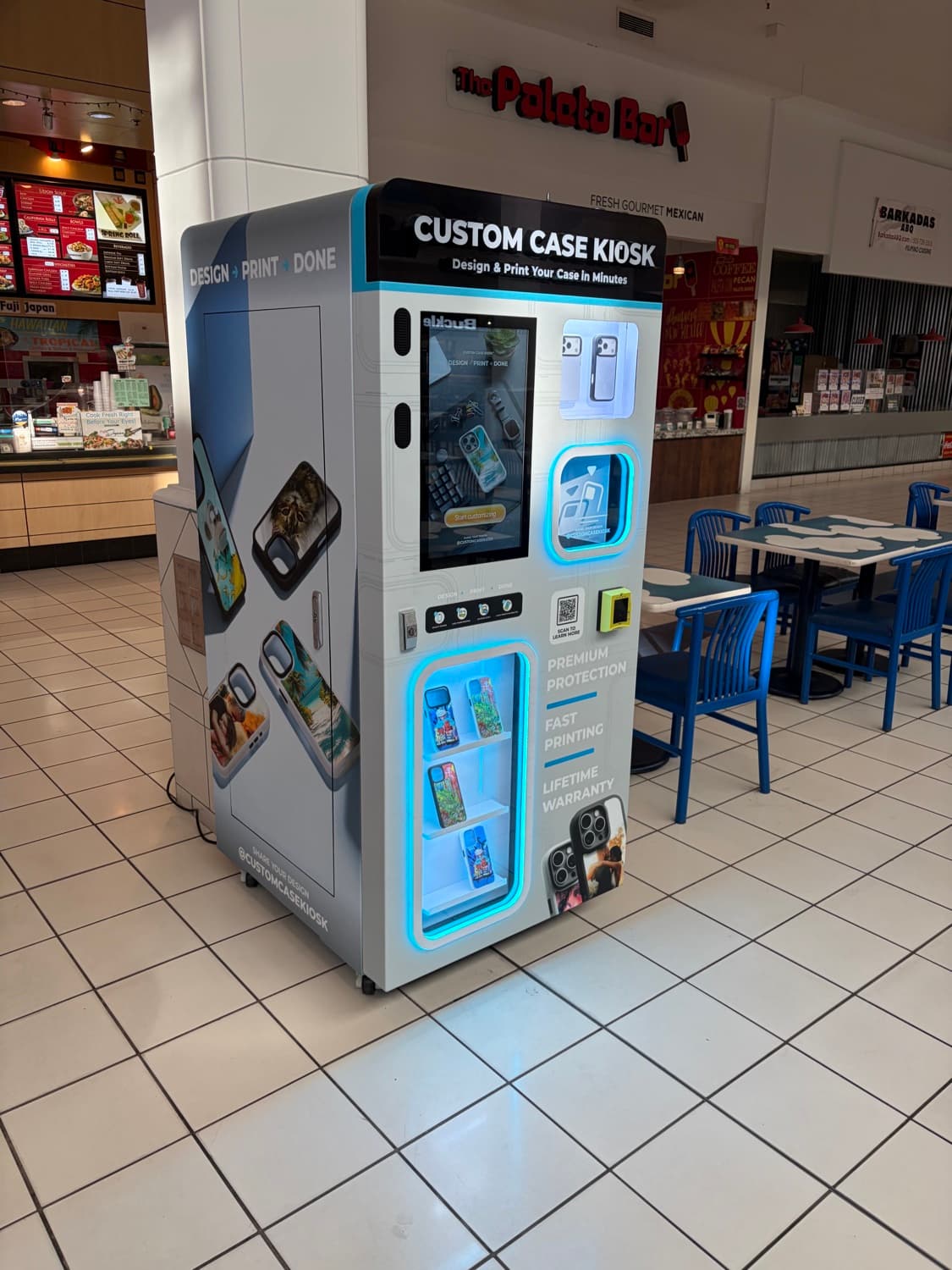 Custom Case Kiosk inside the Cottonwood Mall food court in Albuquerque, New Mexico, next to The Paleta Bar