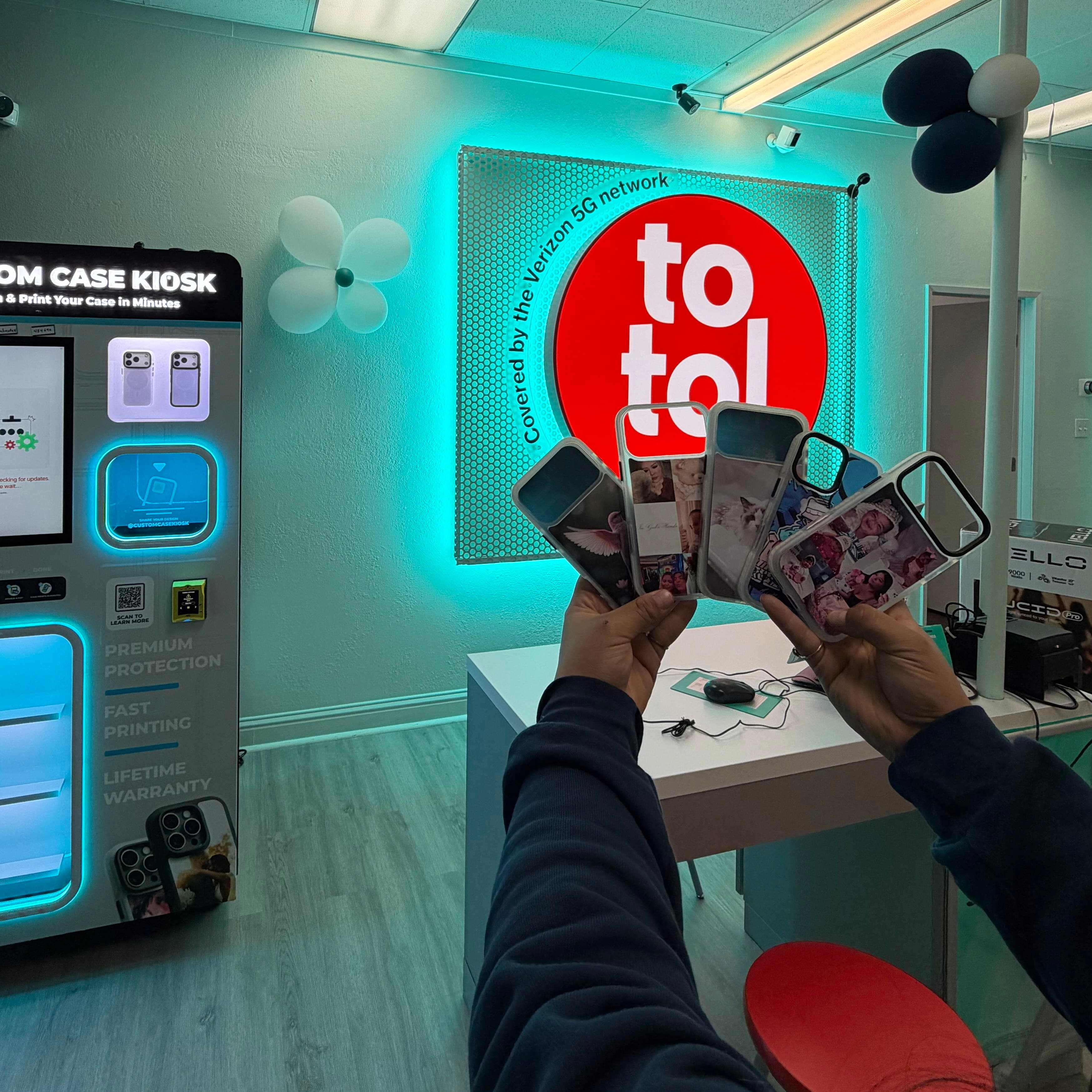 Custom Case Kiosk in Bakersfield, California with printed custom phone cases displayed, offering on-demand phone case printing in minutes.