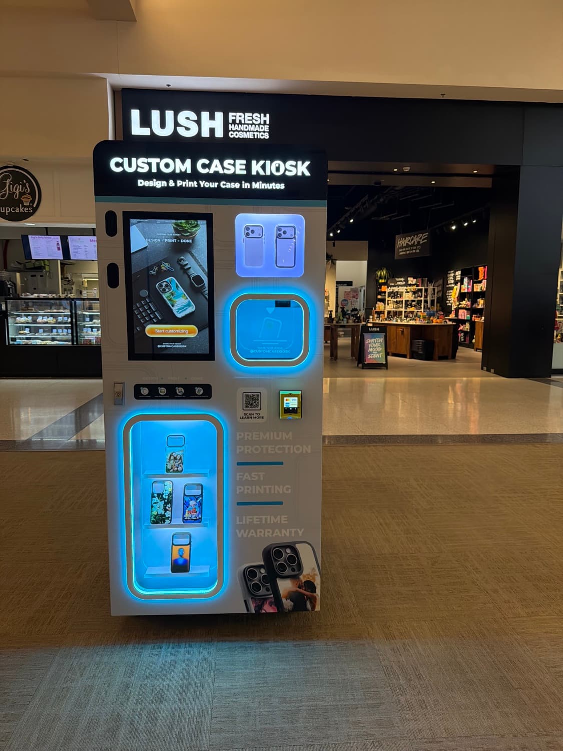 Custom Case Kiosk at West Acres Mall in Fargo, North Dakota — CCK-V4 unit on the mall concourse
